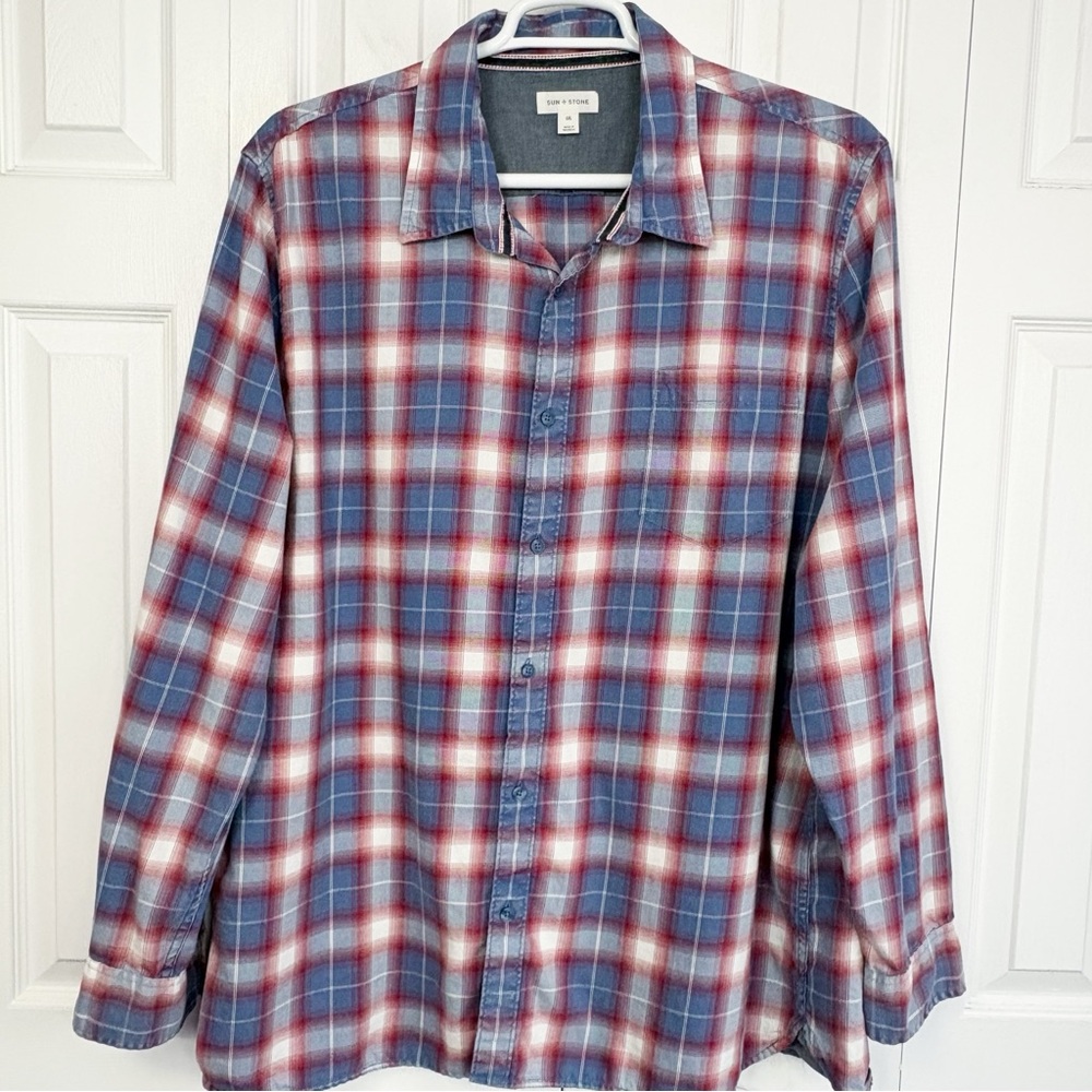 Sun + Stone Men's Classic Red White Blue Plaid Check Button Down Shirt 3XL